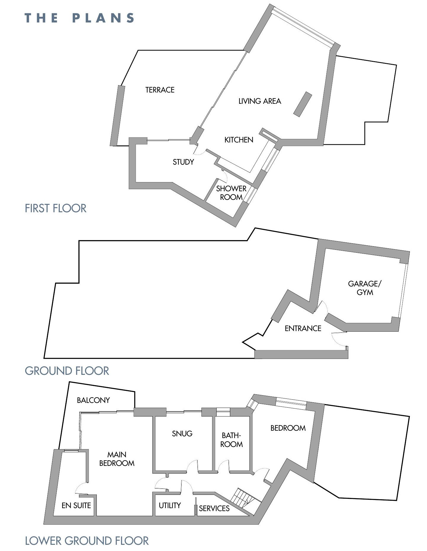 Architectural floor plans of a multi-level residence, including details of the first floor, ground floor, and lower ground floor layouts.