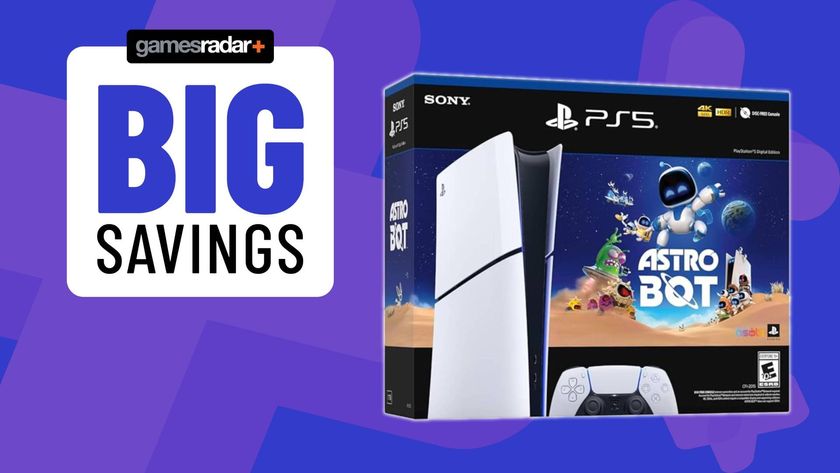 Image of the official Astro Bot PS5 Slim bundle on top of a blue GamesRadar+ background.