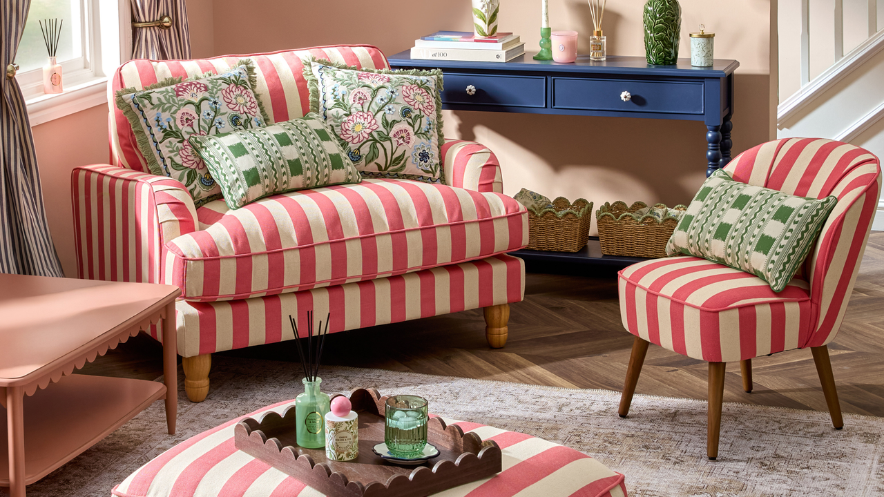 Primark Jacquard Stripe Oblong Green cushion places on red and white striped armchair