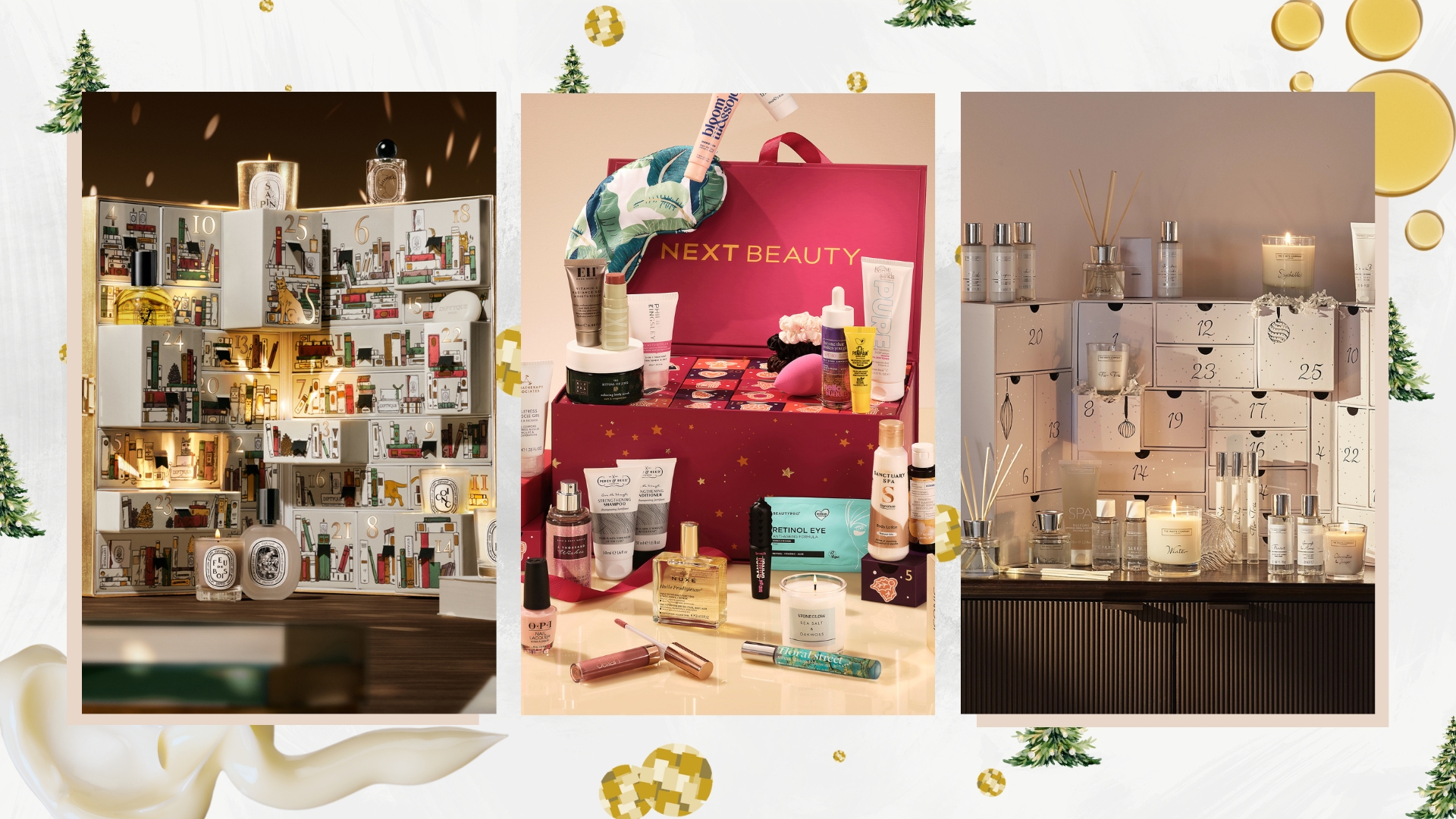 Collage of the best beauty advent calendars (L-R) from Diptyque, Next and The White Company, on a white background with gold disco balls and green Christmas trees