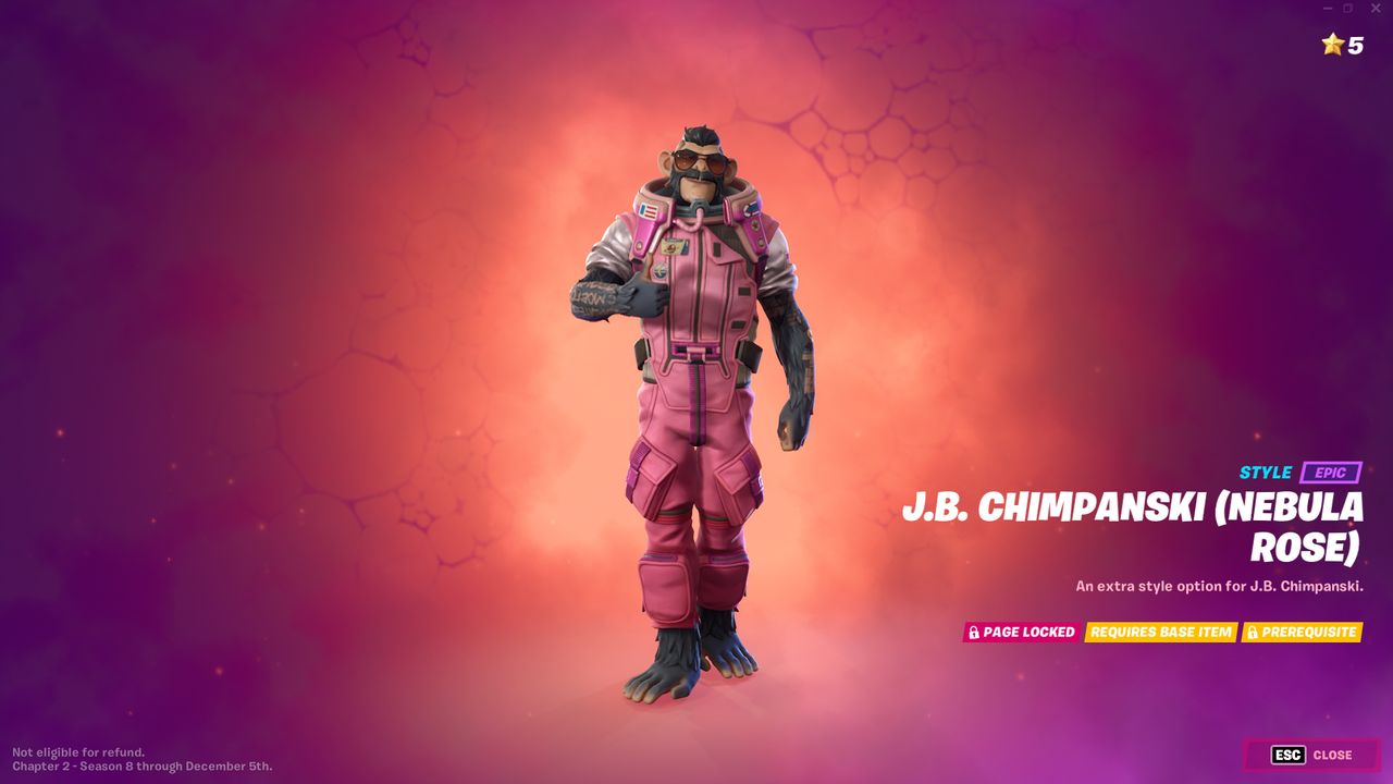 Fortnite's Chapter 2, Season 8 battlepass includes a new player skin J.B. Chimpanski, a Russian space chimp with out-of-this-world accessories.