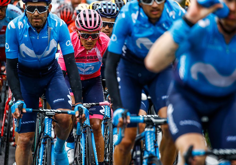 Richard Carapaz (Movistar) in the overall leader's jersey during stage 16 at the Giro d'Italia