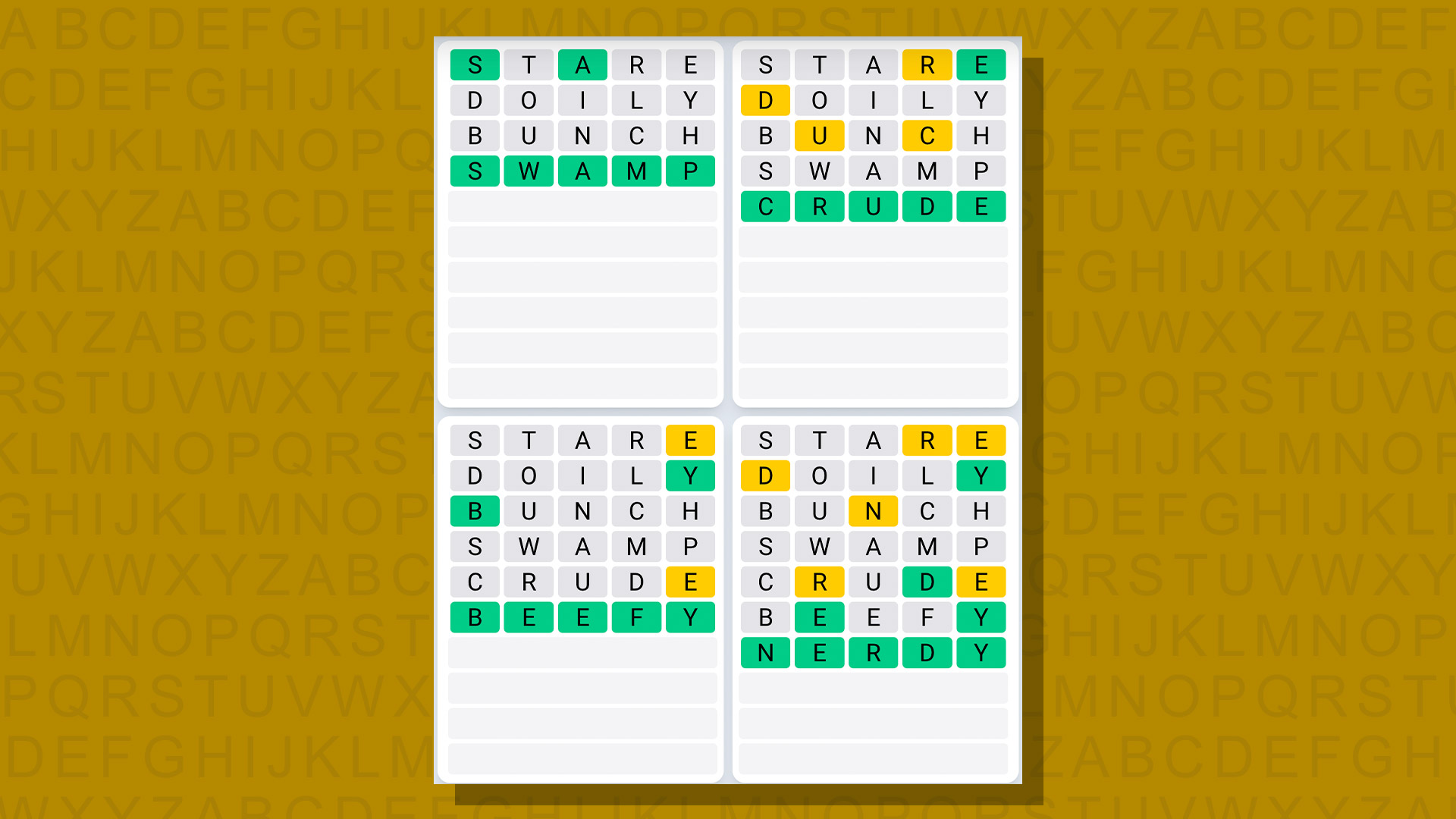 Quordle daily sequence answers for game 678 on a yellow background