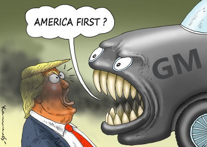 Political cartoon U.S. Trump GM America first jobs layoffs plant closure