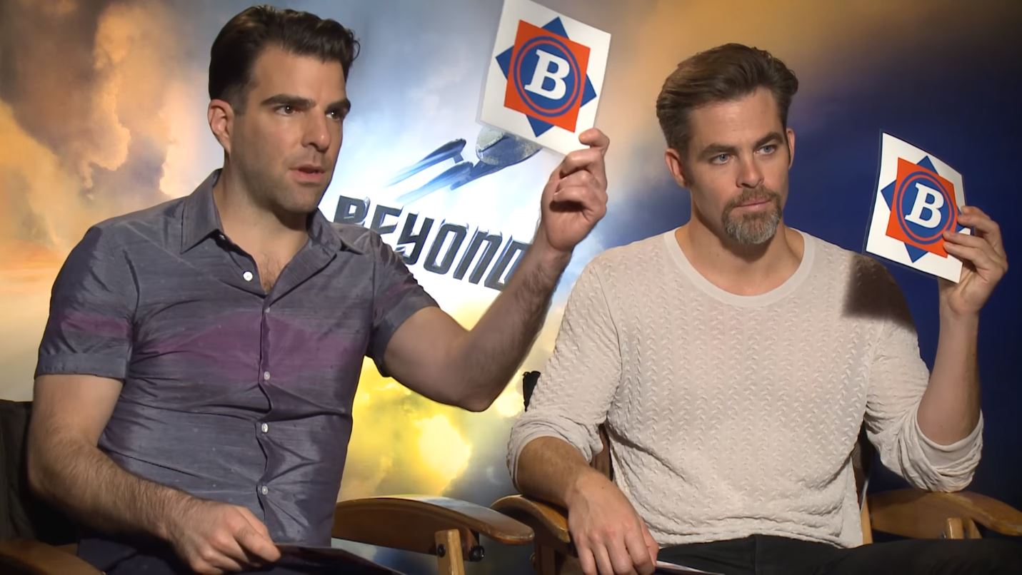 Capt. James T. Kirk (Chris Pine) and Commander Spock (Zachary Quinto) test their knowledge of NASA history and space terminology in a brief multiple-choice quiz. 