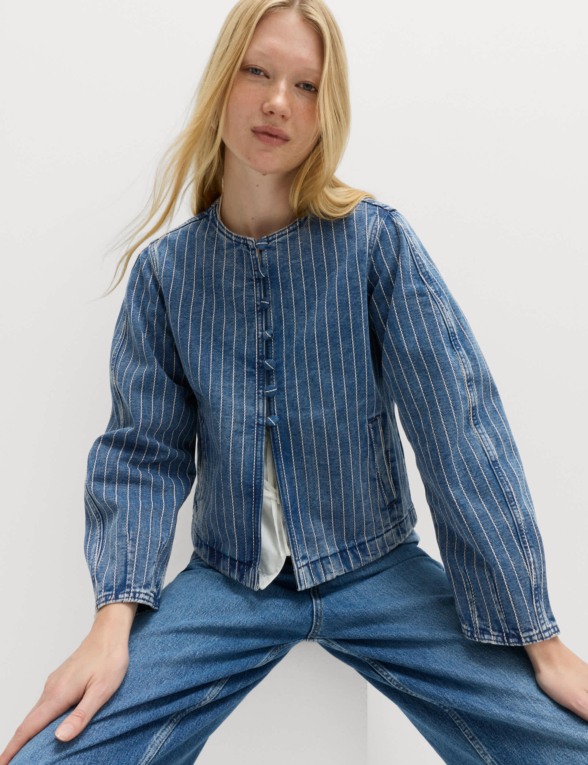 Denim Striped Collarless Jacket