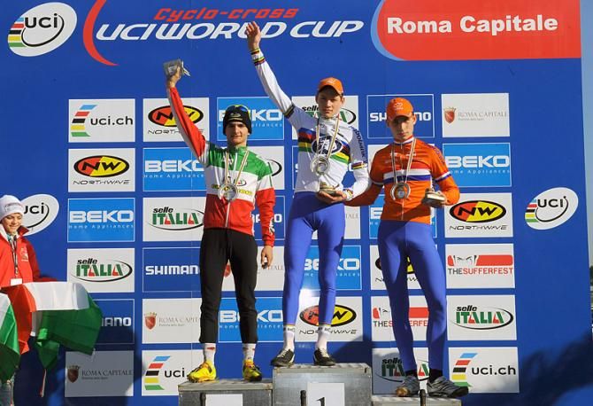 Junior men's podium at 'cross World Cup in Rome (L-R): Gioele Bertolini, Mathieu van der Poel and Martijn Budding