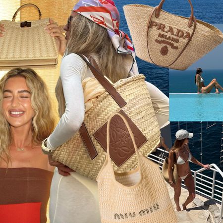 Photo collage of influencers and models wearing designer luxury raffia bags.