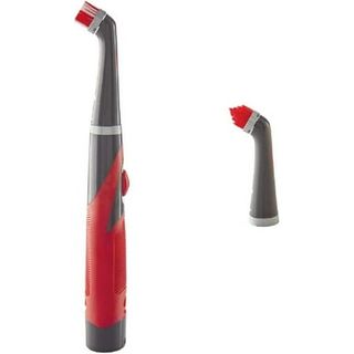 A grey and red Rubbermaid Power Scrubber With 1 All-Purpose Scrubbing Head and 1 Grout Scrubbing Head