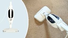 Dunelm Steam Mop being tested by Samantha on a carpet next to a press cut out of the Dunelm Steam Mop