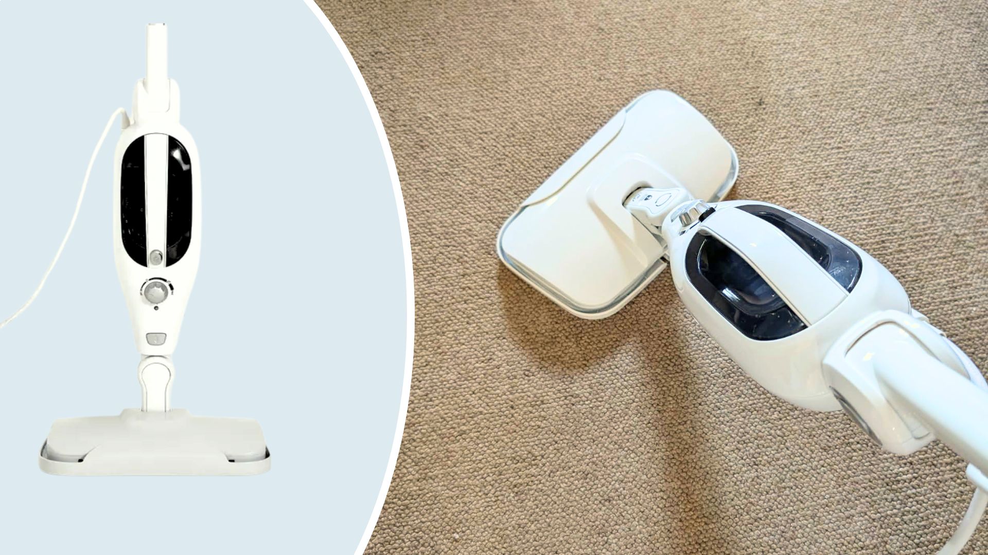 Dunelm Steam Mop being tested by Samantha on a carpet next to a press cut out of the Dunelm Steam Mop 