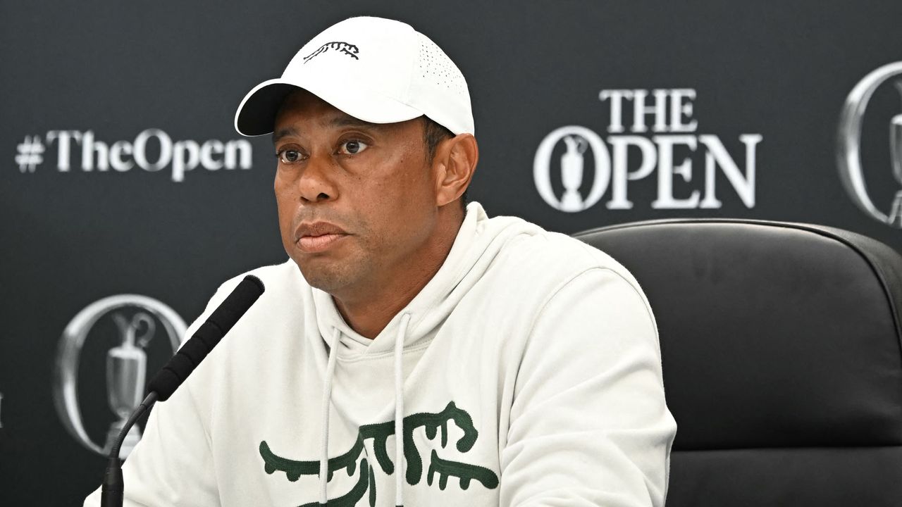 Tiger Woods speaks to the media at The Open