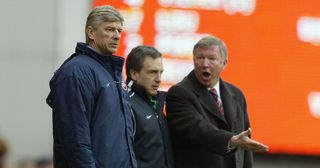 Manager Arsene Wenger of Arsenal argues with manager Sir Alex Ferguson of Manchester United during the FA Barclaycard Premiership match between Arsenal and Manchester United at Highbury on March 28, 2004 in London.