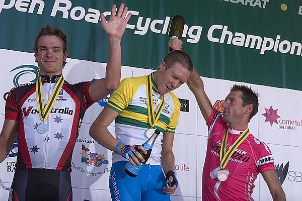Time to celebrate (l-r): David Kemp (2nd), Travis Meyer (1st), and Damien Turner (3rd) on the podium in Buninyong.