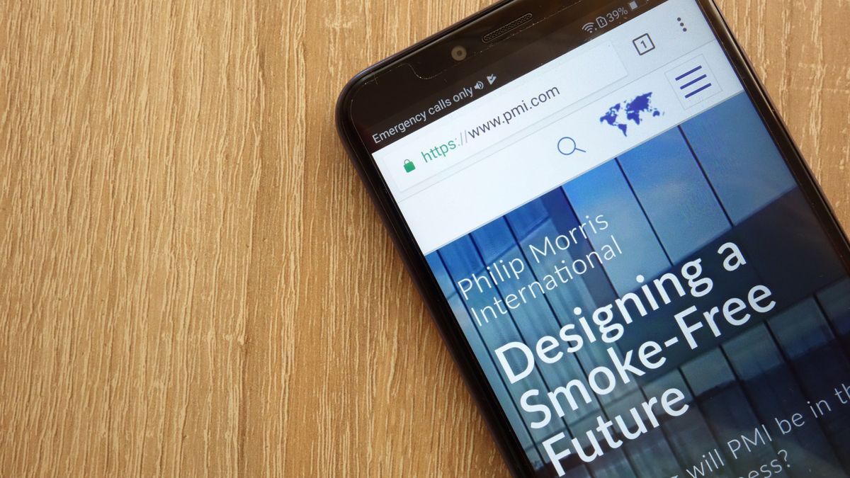 The Philip Morris International website on a smartphone