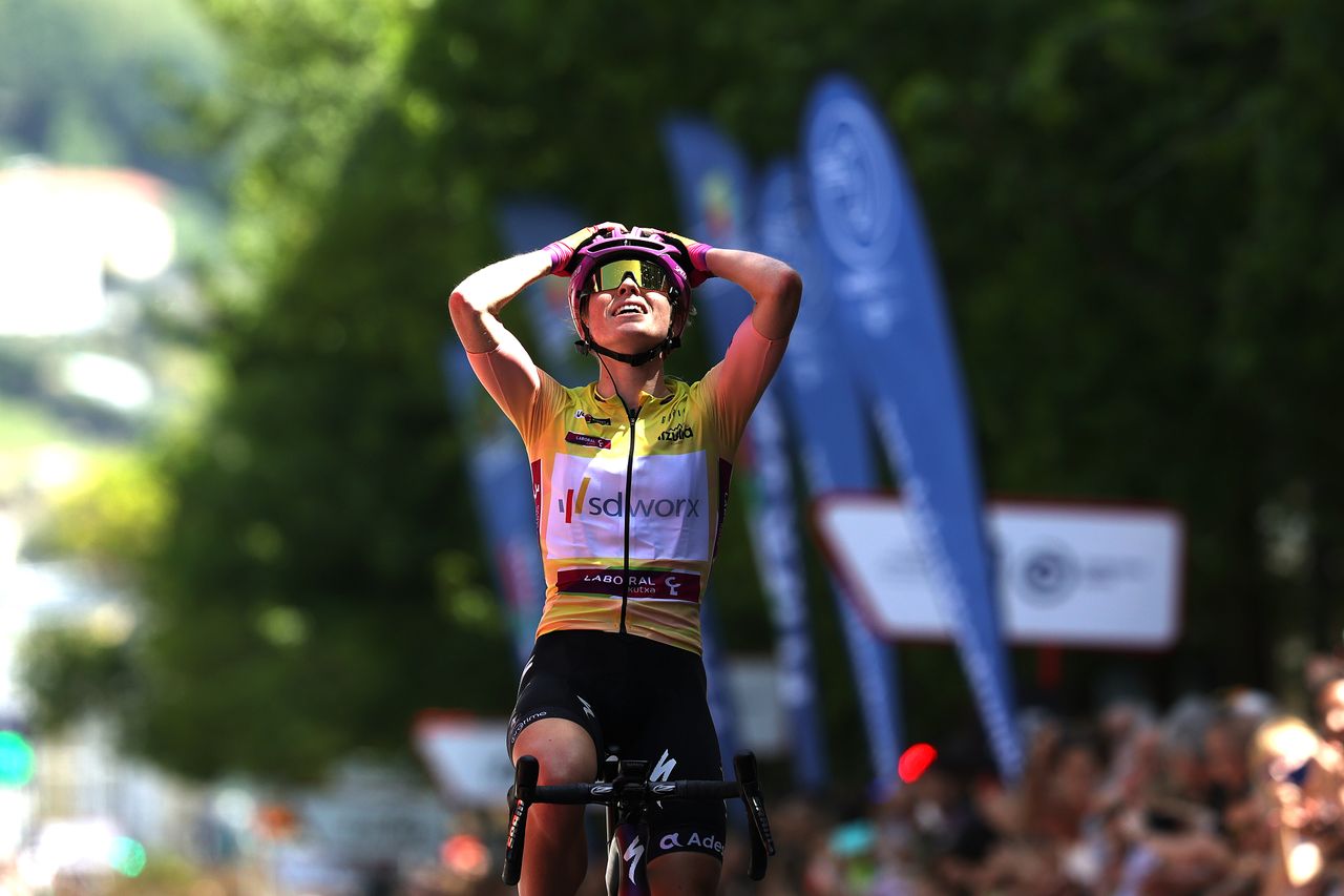 SAN SEBASTIAN SPAIN MAY 15 Demi Vollering of Netherlands and Team SD Worx Yellow Leader Jersey celebrates winning the 1st Itzulia Women 2022 Stage 3 a 1398km stage from DonostiaSan Sebastin to DonostiaSan Sebastin ItzuliaWomen UCIWWT on May 15 2022 in San Sebastian Spain Photo by Gonzalo Arroyo MorenoGetty Images