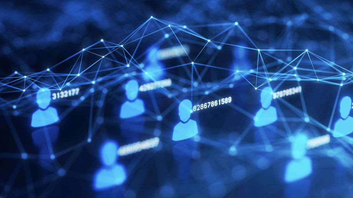 Supply chain attacks concept image showing blue lines make up a network between human avatars with unique identifier numbers