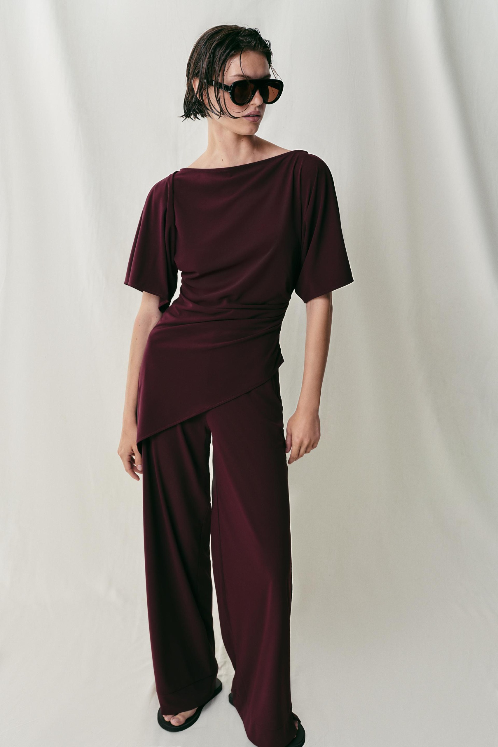Draped Crepe Top - Wine - S