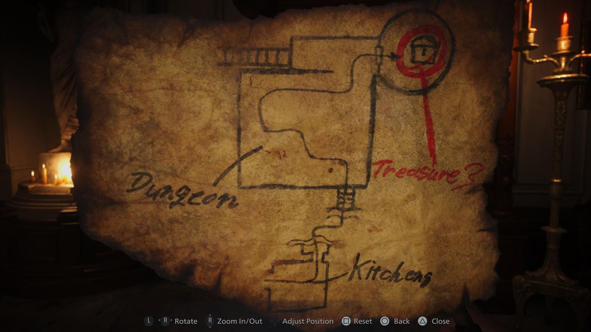 Resident Evil Village treasure map, with dungeon and treasure marked