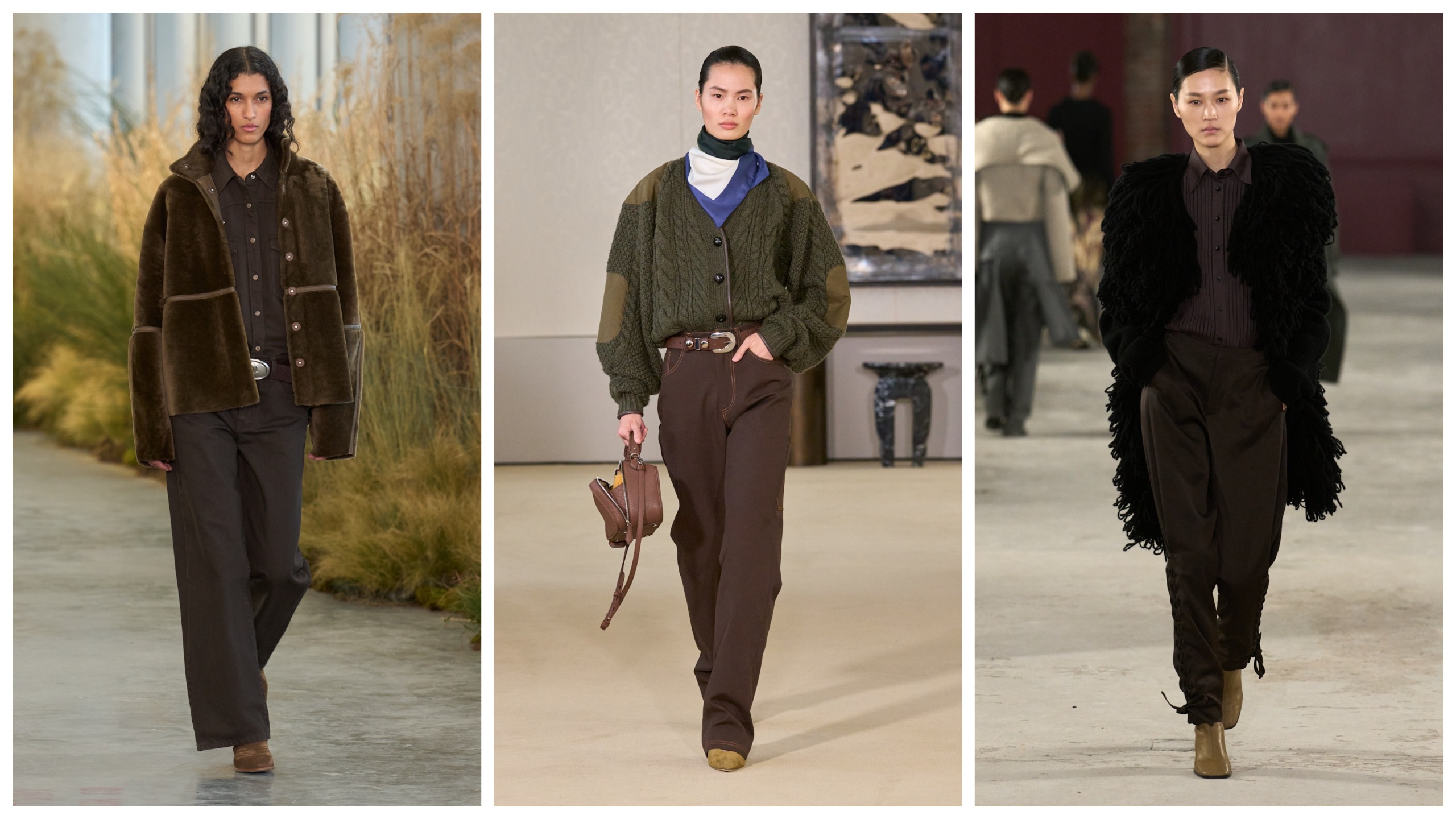 chocolate brown pants on the fall 2026 runways of TWP, Altuzarra, Diotima.