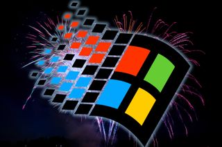 Old Windows logo on fireworks