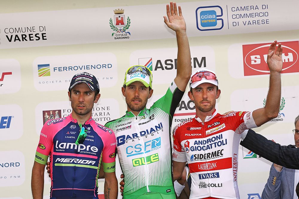 The Tre Valli Varesine podium: Diego Ulissi, Sonny Colbrelli and Francesco Gavazzi