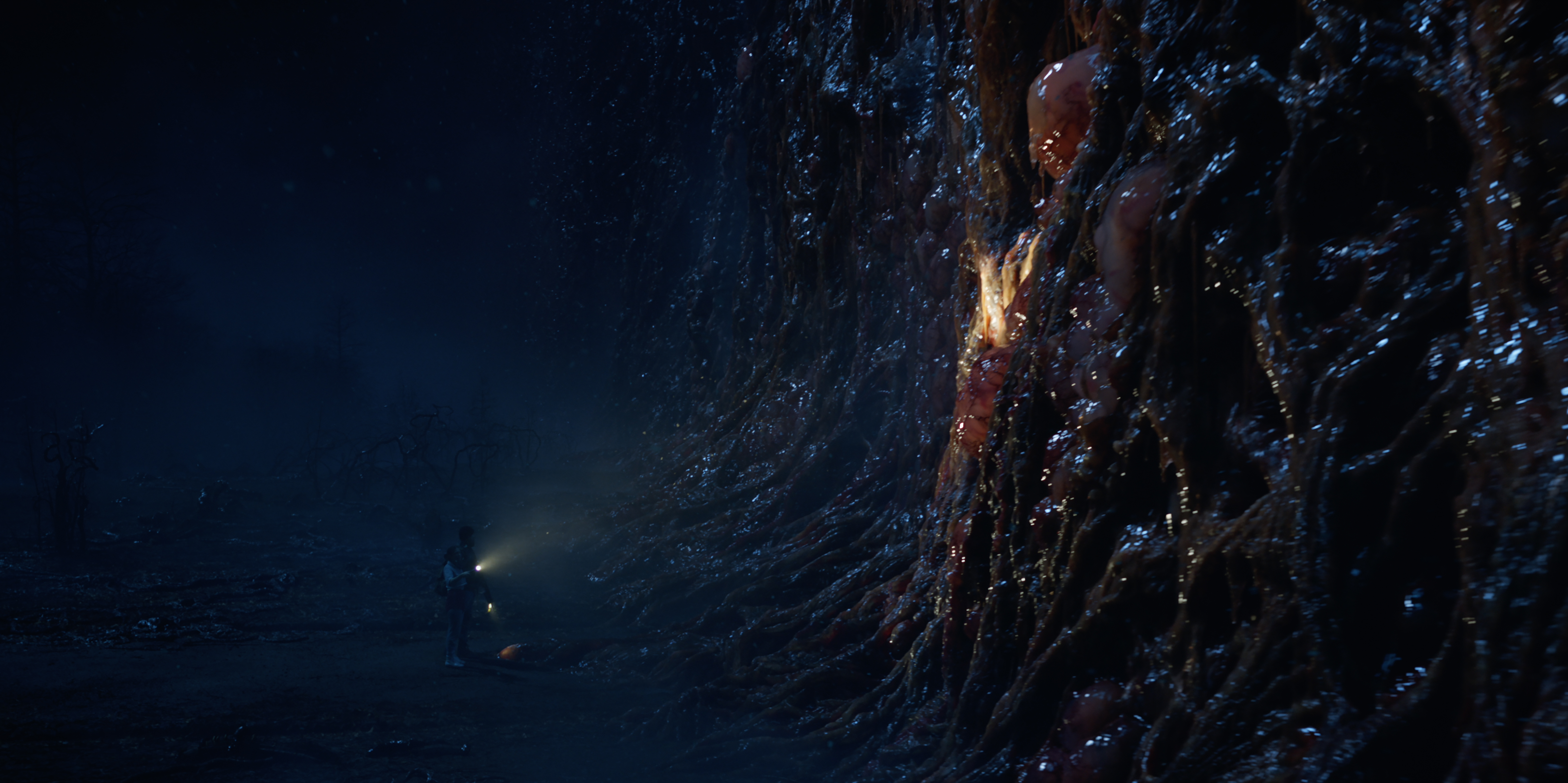 kids with a flashlight approach a giant monster stuck to a wall in the upside down in stranger things season 5