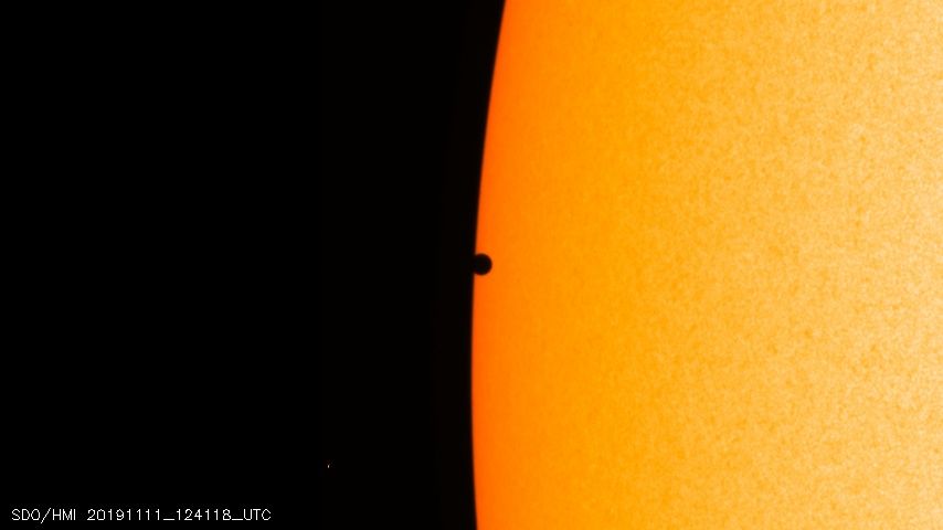 The beginning of the Nov. 11, 2019, transit of Mercury was studied by the Helioseismic and Magnetic Imager instrument on NASA's Solar Dynamics Observatory satellite.