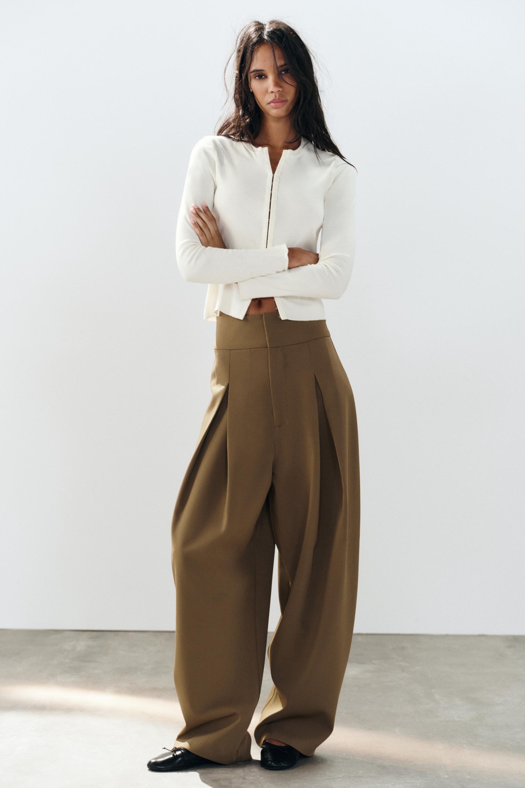 Pleated Balloon Trousers - Khaki Marl - Xs