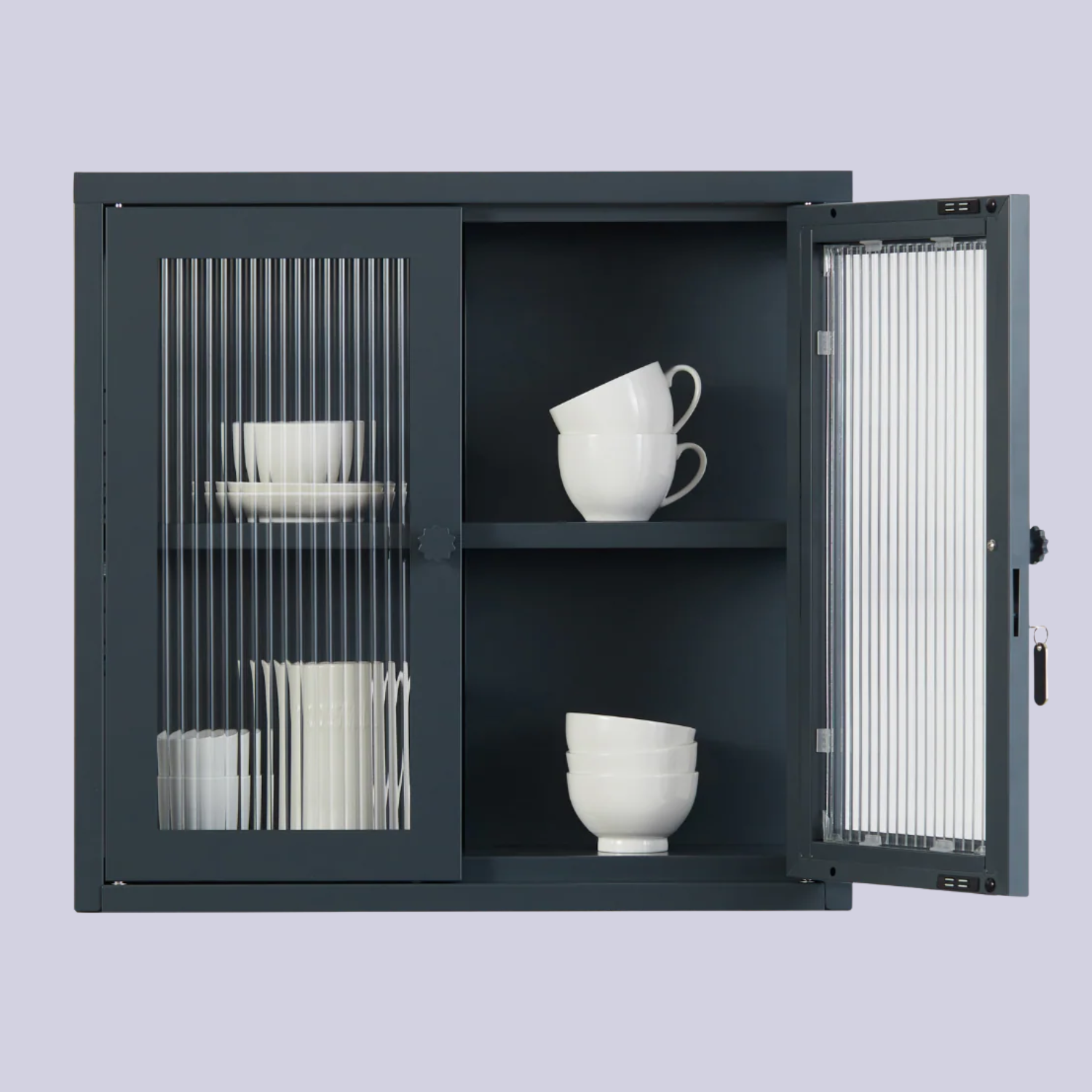 A dark wall-mounted cabinet with ribbed glass