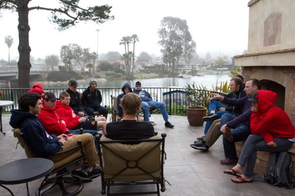 The Jelly Belly team has a morning meeting with sports psychologist Jason Galea. Galea reinforced the importance of committing to goals.