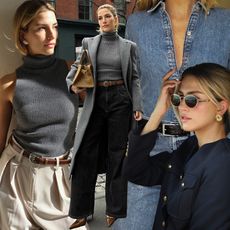 fashion collage of style influencer and accessory designer Cass DiMicco wearing chic fall outfits that include earrings and belts from her Aureum collection