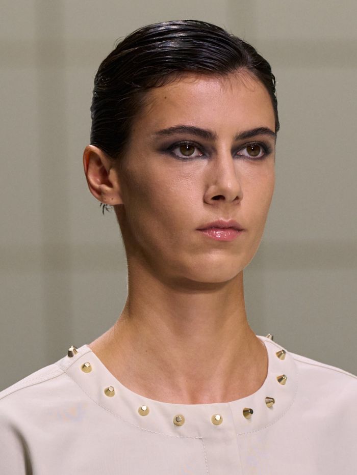 A close-up shot of the makeup on the runway of the Giorgio Armani S/S 27 show