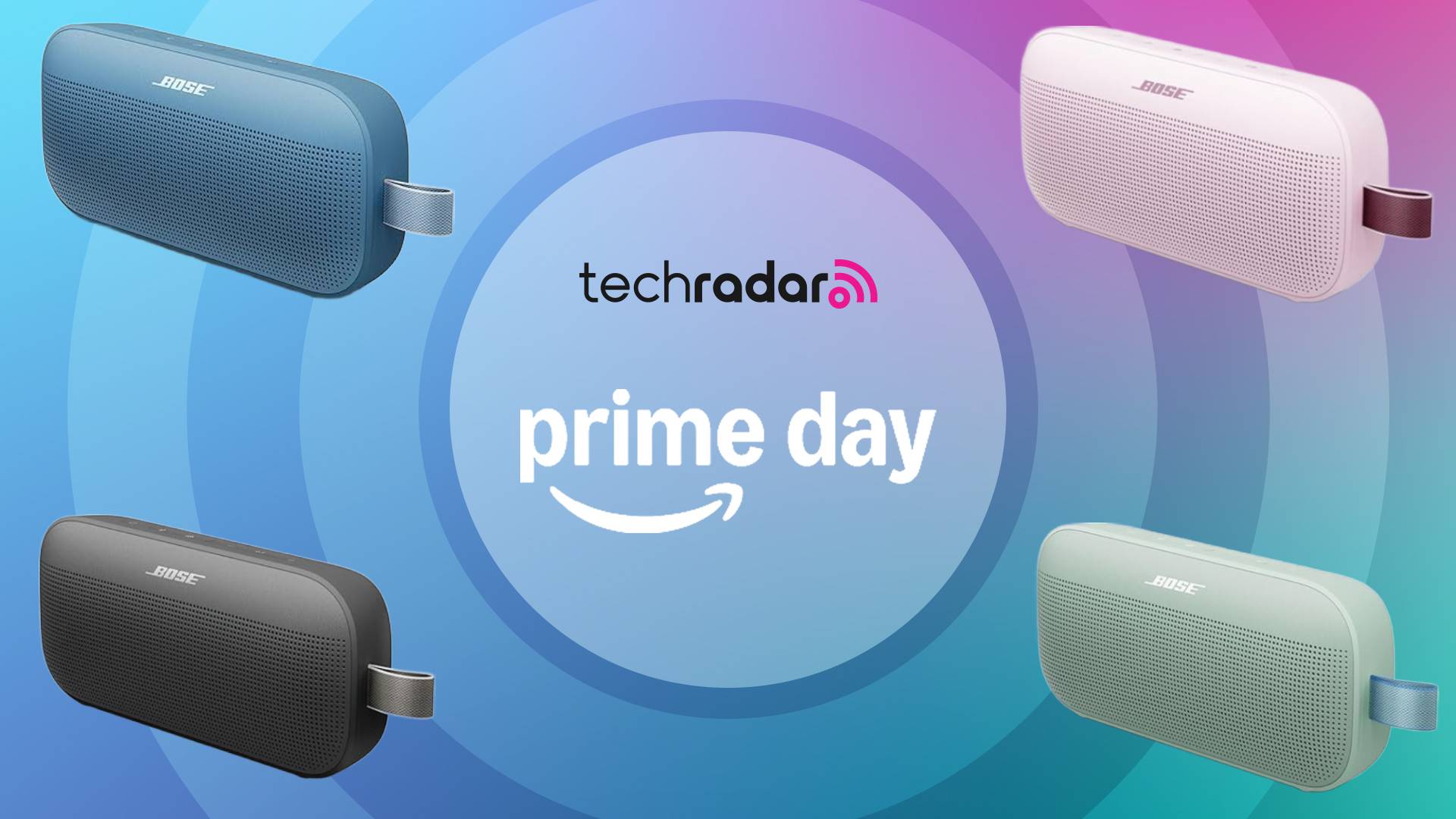 Bose SoundLink Flex Gen 2 speakers on a multicolored background with the words &#039;TechRadar: Prime Day&#039; positioned in the center