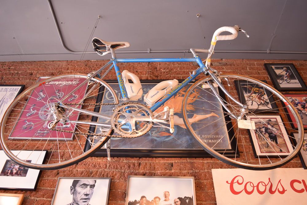 A Tommasini bike hangs from the ceiling
