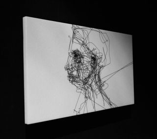 Black background, A Fink laser eye drawing of a persons head, face and shoulder on a white marble canvas