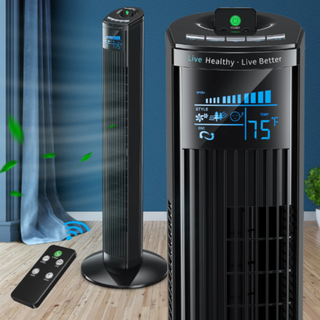 a black remote controlled tower fan for cooling down and ventilating someone's home