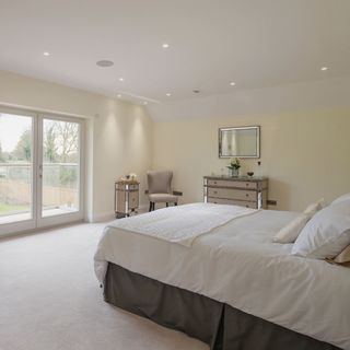 bedroom with white ceiling lights and carpet flooring
