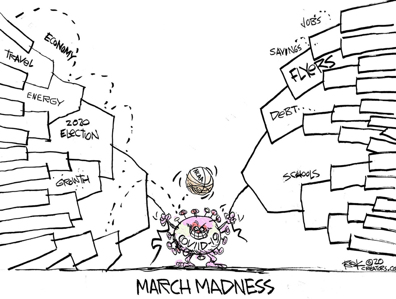 Cartoon U.S. March Madness bracket debt 2020 election NCAA canceled coronavirus