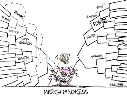 Cartoon U.S. March Madness bracket debt 2020 election NCAA canceled coronavirus