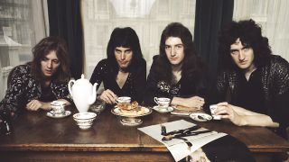 Queen in Freddie Mercury's flat, Holland Road, West Kensington, London in early 1974.