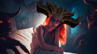 Girl lies awake surrounded by demons, she's wearing Lilith horns