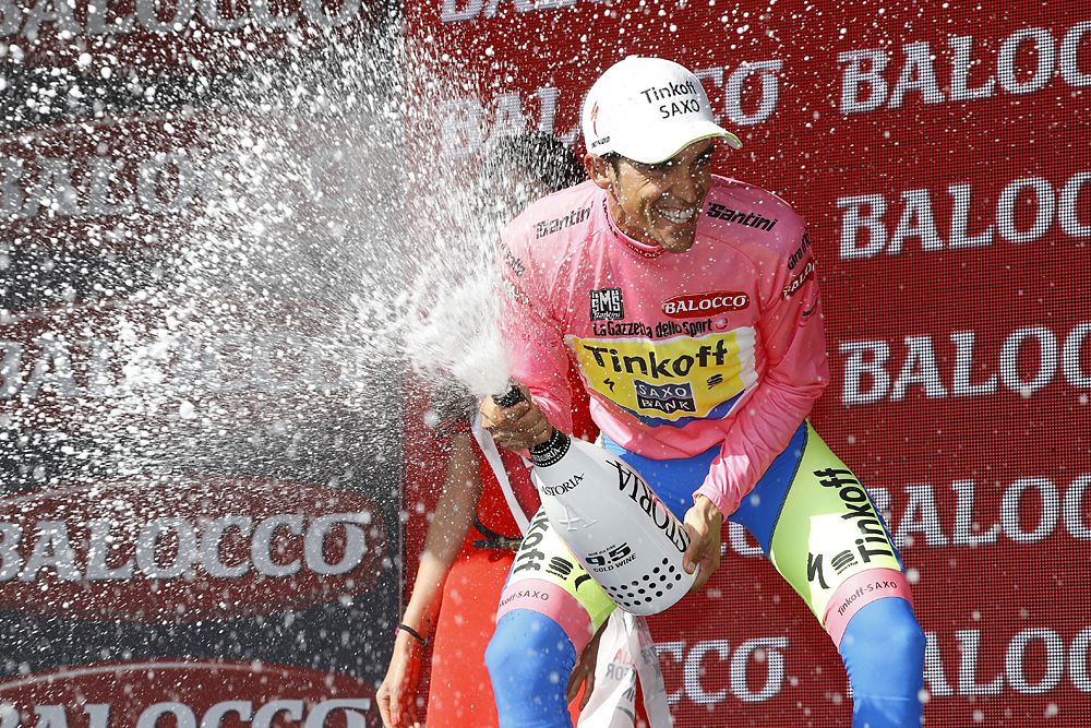 Alberto Contador (Tinkoff-Saxo) on the stage 19 podium