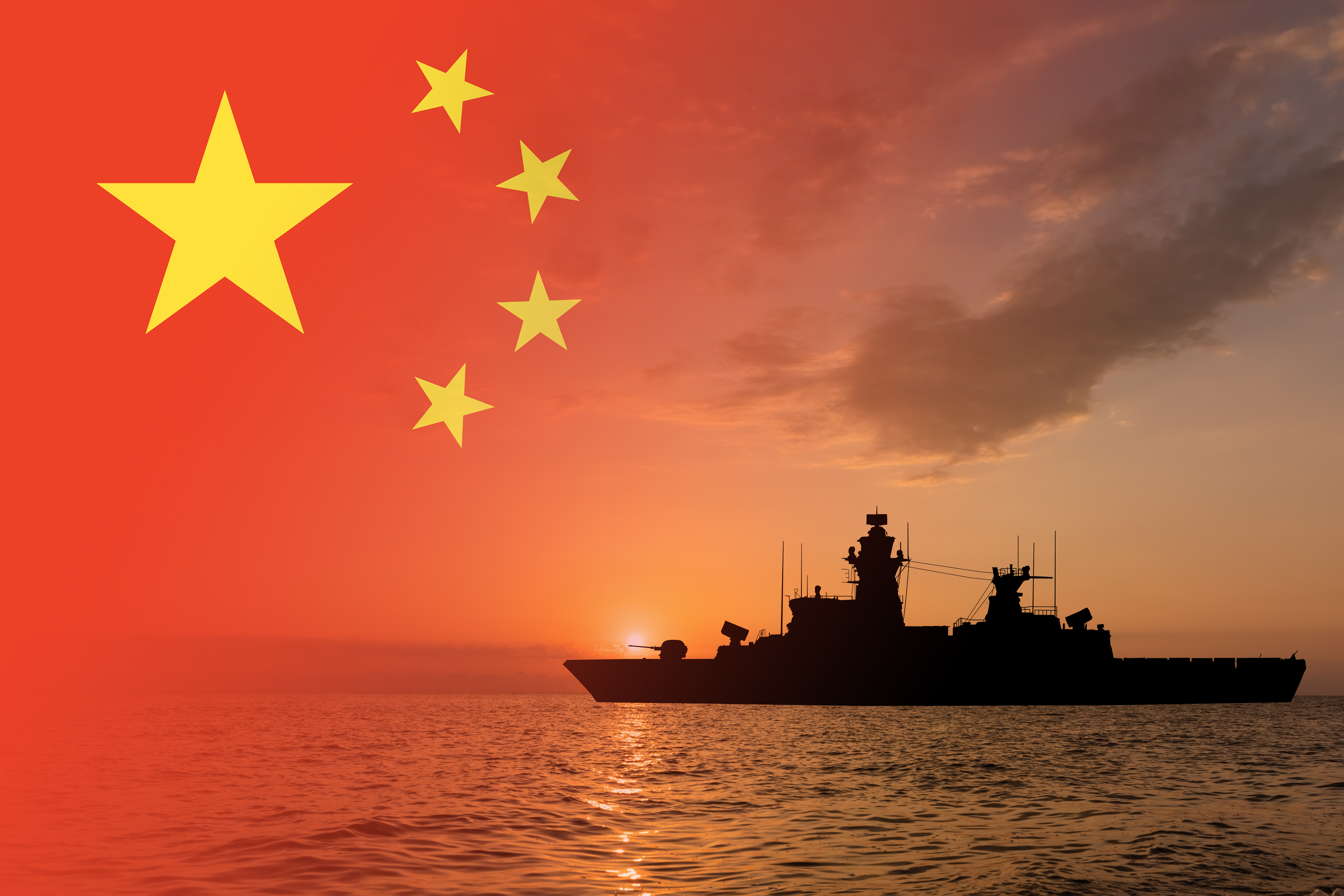 A military ship on the ocean, blended with the flag of the People's Republic of China 