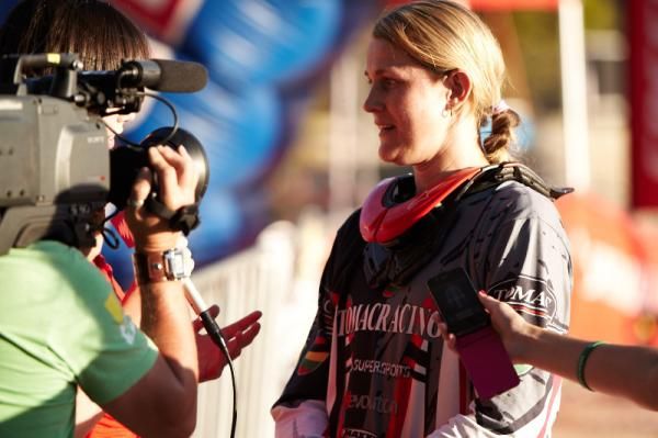 Sarsha speaks with the media after her Elite Womens 4X win.