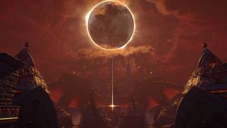 Dragon Age: The Veilguard screenshot of an eclipse occurring among a red sky