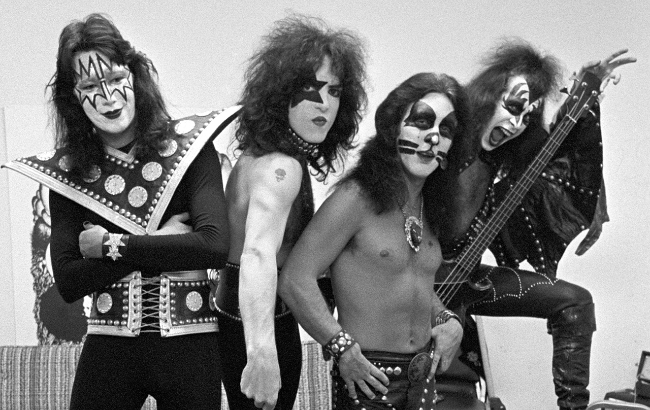 Guitarist Ace Frehley, singer-guitarist Paul Stanley, drummer Peter Criss and bassist Gene Simmons of Kiss at Alex Cooley's Electric Ballroom on July 18, 1974 in Atlanta, Georgia.
