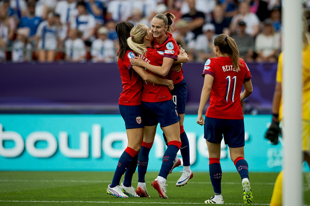 Ingrid Engen of Norway Women , Ada Hegerberg of Norway Women , Caroline Graham Hansen of Norway Women , Guro Reiten of Norway Women celebrating 1-0 during the EURO Women match between Norway Women v Finland Women at the Stade de Tourbillon on July 6, 2025 in Sion Switzerland