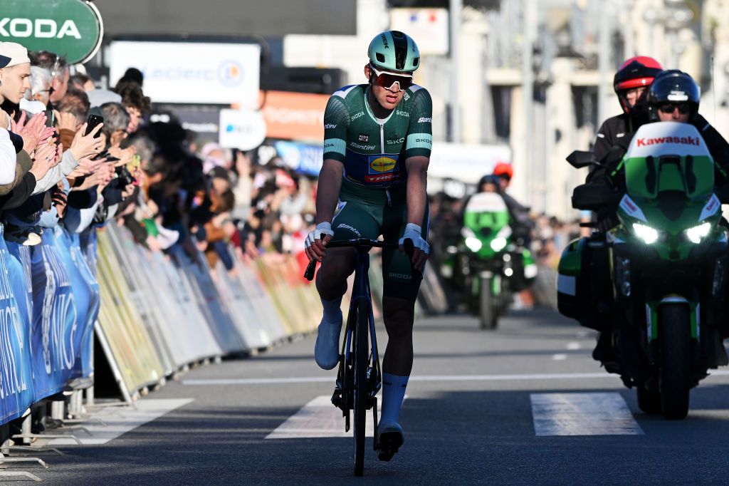 NICE FRANCE MARCH 16 Mads Pedersen of Denmark and Team LidlTrek Green points jersey crosses the finish line during the 83rd Paris Nice 2025 Stage 8 a 119km stage from Nice to Nice UCIWT on March 16 2025 in Nice France Photo by Dario BelingheriGetty Images