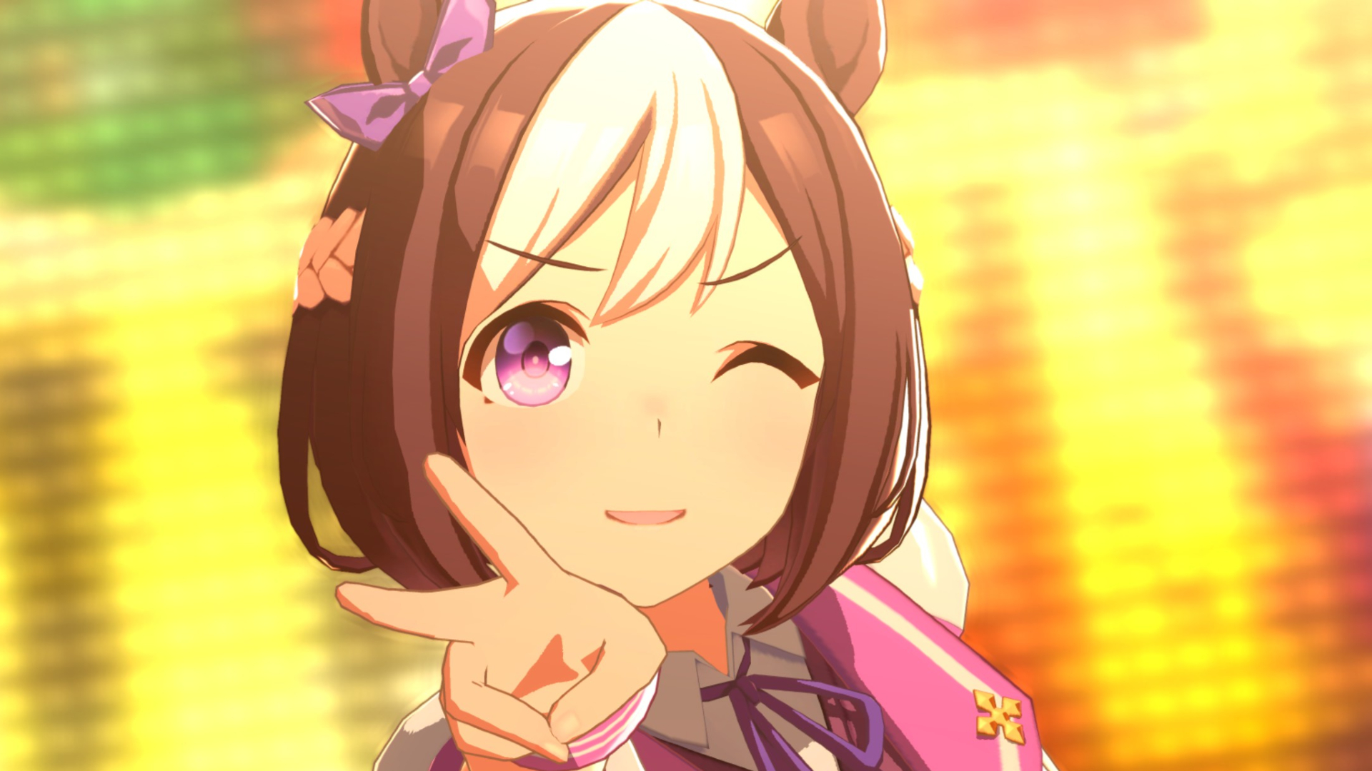 Special Week winking at the camera with a peace sign in Umamusume: Pretty Derby.